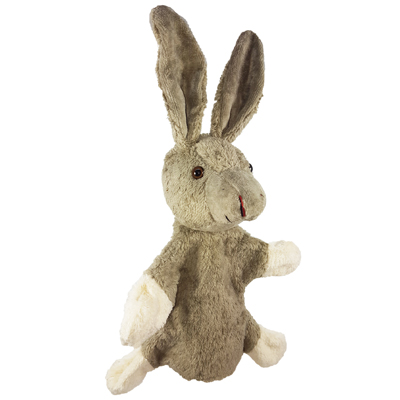 Kallisto hand puppet hare, front view with long ears, grey-brown fur and cream paws