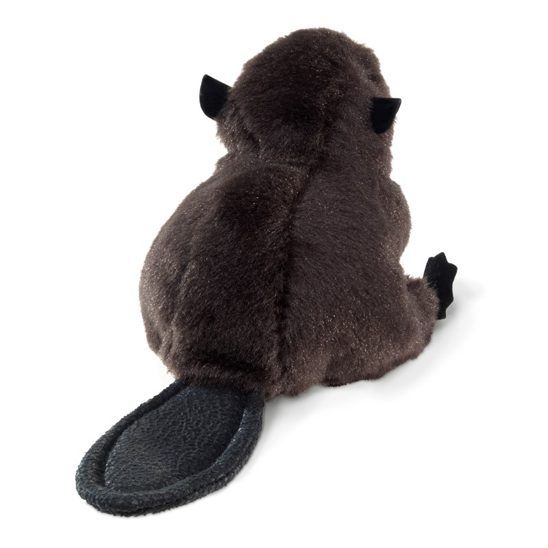 Folkmanis mini beaver finger puppet in dark brown, rear view showing the characteristic flat beaver tail made of faux leather