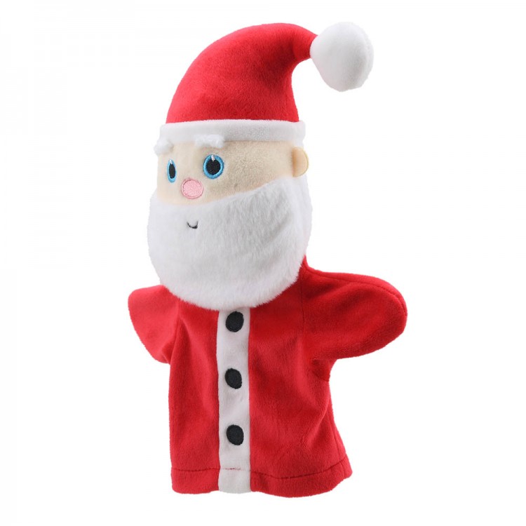 The Puppet Company baby hand puppet Santa Claus, red puppet with a white beard, slightly angled view