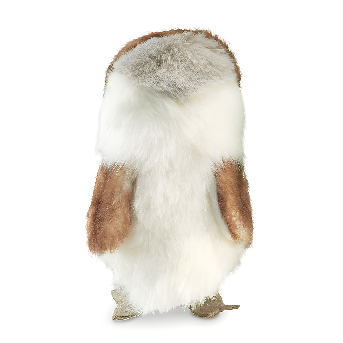 Folkmanis mini barn owl finger puppet seen from behind, standing, with white and brown-grey plush plumage