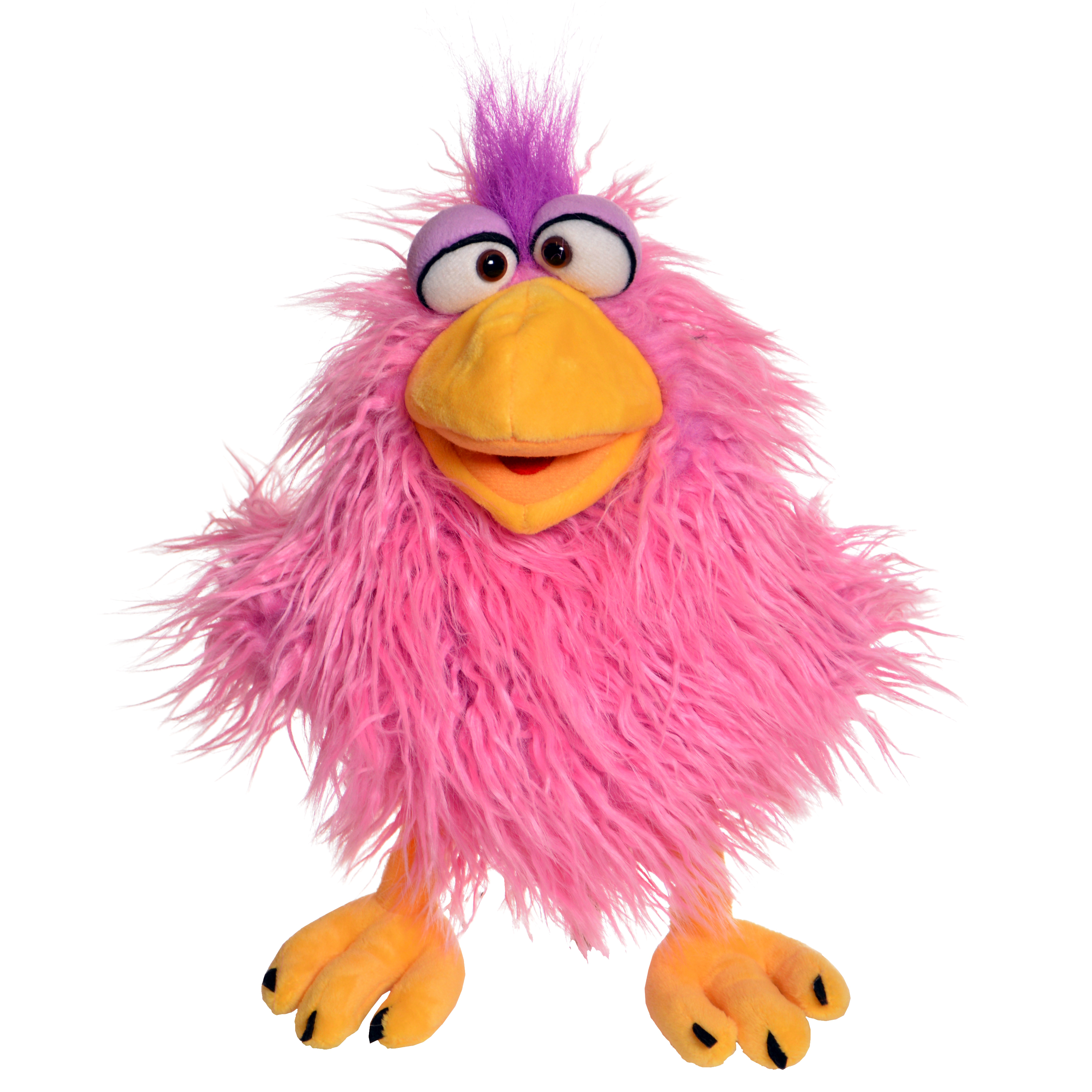 Living Puppets hand puppet Pfrädarike Piepspatz, pink bird with a purple tuft of hair, a yellow beak and yellow feet