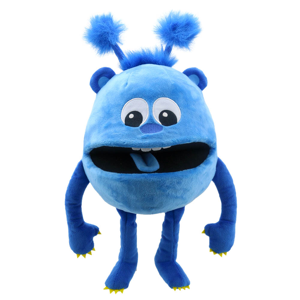 The Puppet Company baby monster hand puppet blue, round blue monster with two antennae and a wide open mouth
