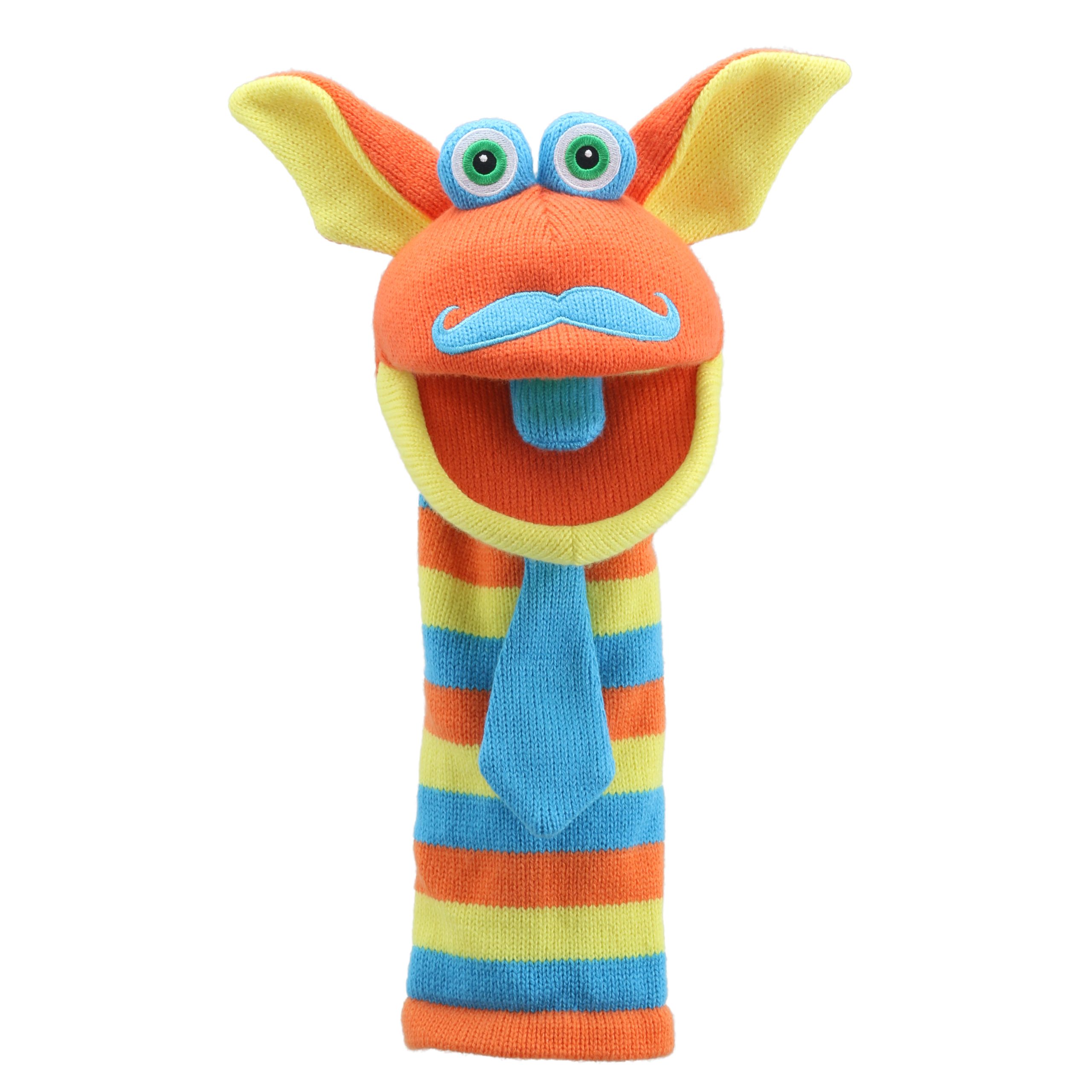 The Puppet Company sock puppet Mango, orange monster with large ears, a blue moustache and a striped necktie