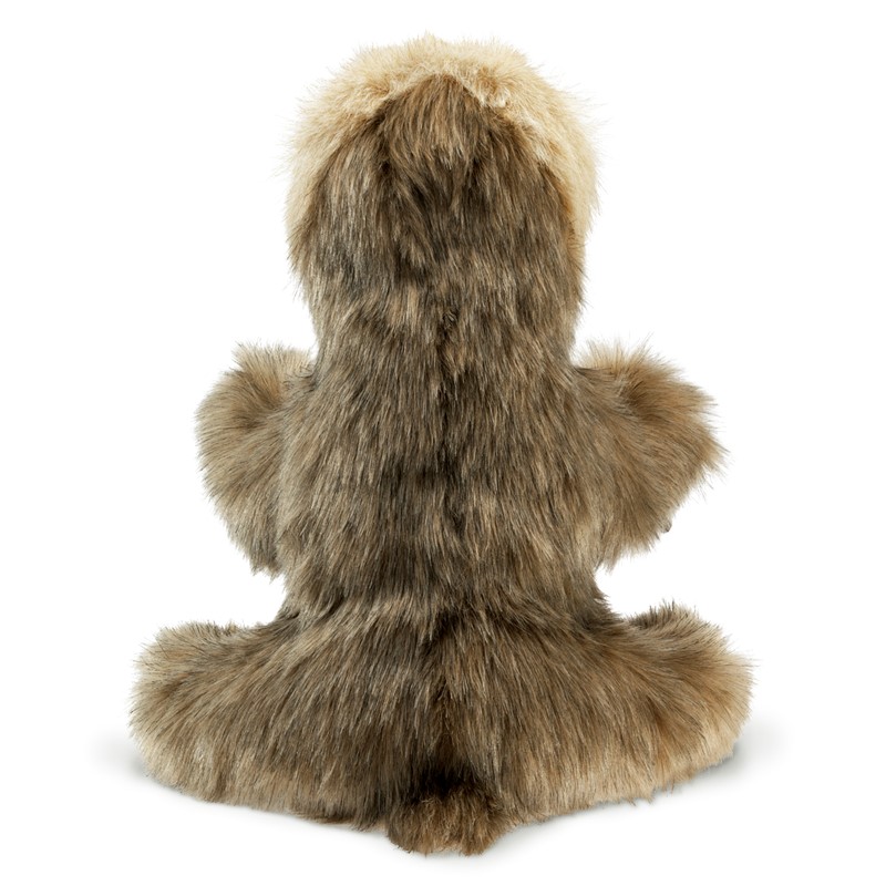 Folkmanis baby sloth hand puppet seen from behind, brown-beige shaggy plush fur, sitting pose