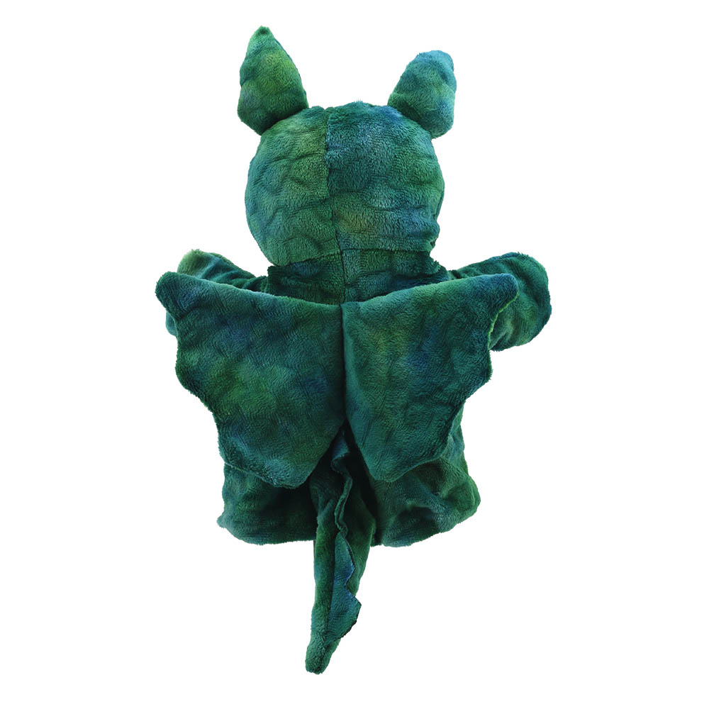 The Puppet Company baby hand puppet green dragon, profile view with a wing and curved tail