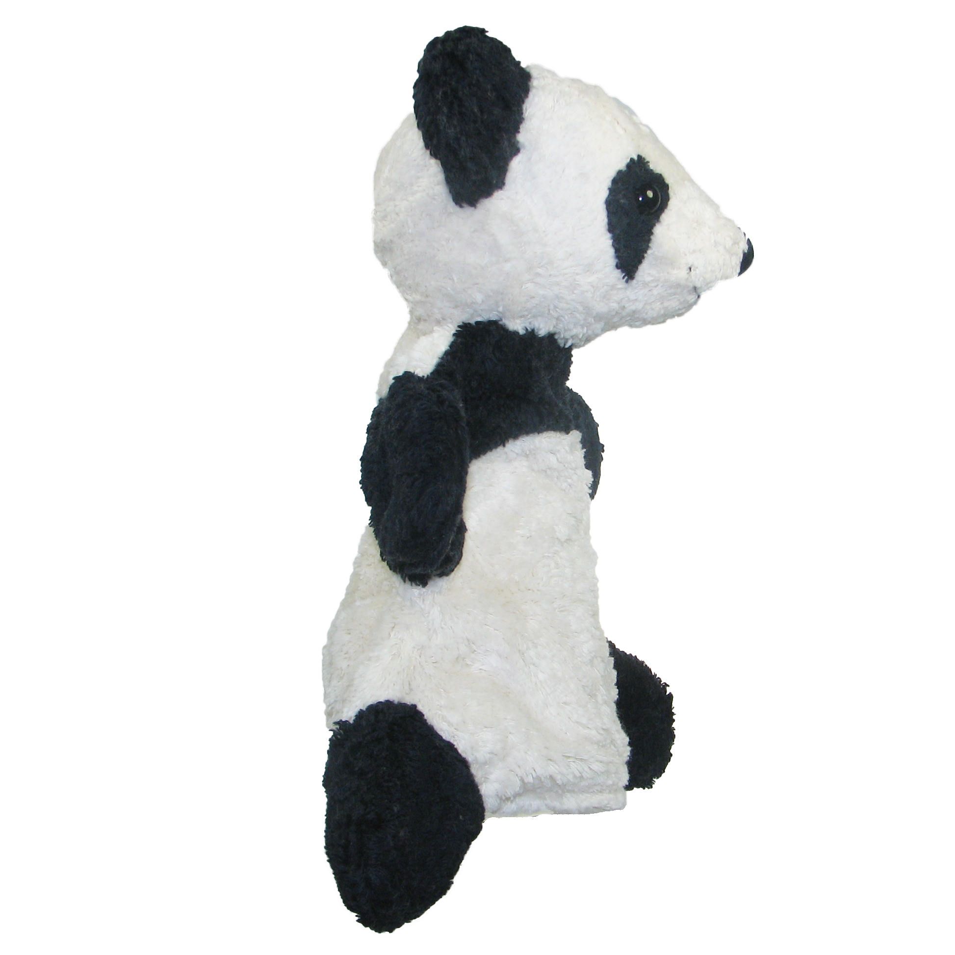 Kallisto hand puppet panda side view, black-and-white natural-material puppet with black legs and a white belly
