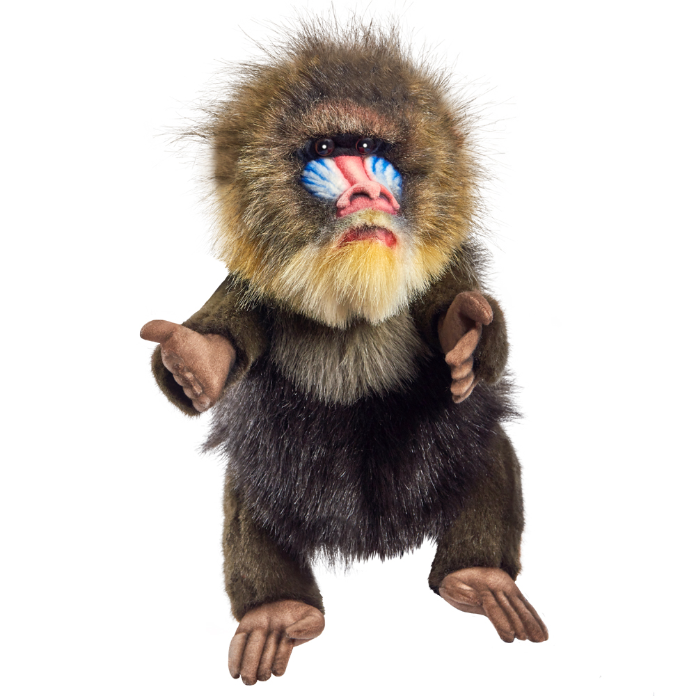 Mandrill Handpuppe von Hansa Creation mit blau-roter Gesichtszeichnung, gelblichem Bart und dunklem Fell