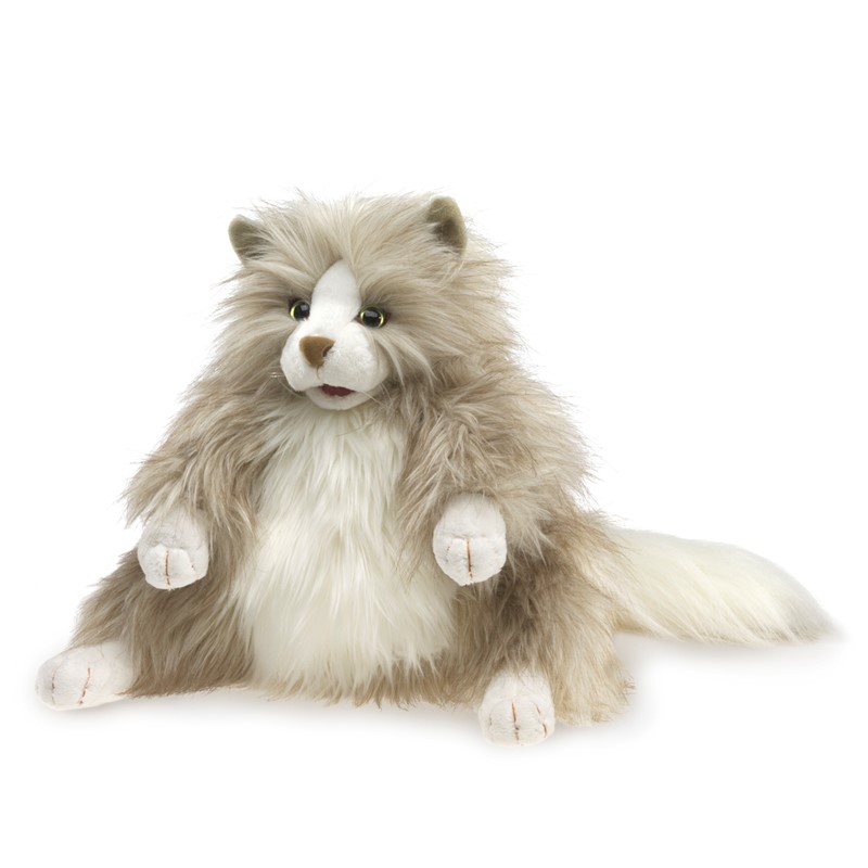 Folkmanis Handpuppe flauschige Katze mit grau-weißem Langfell, gelben Augen und buschigem Schwanz, sitzend in Seitenansicht