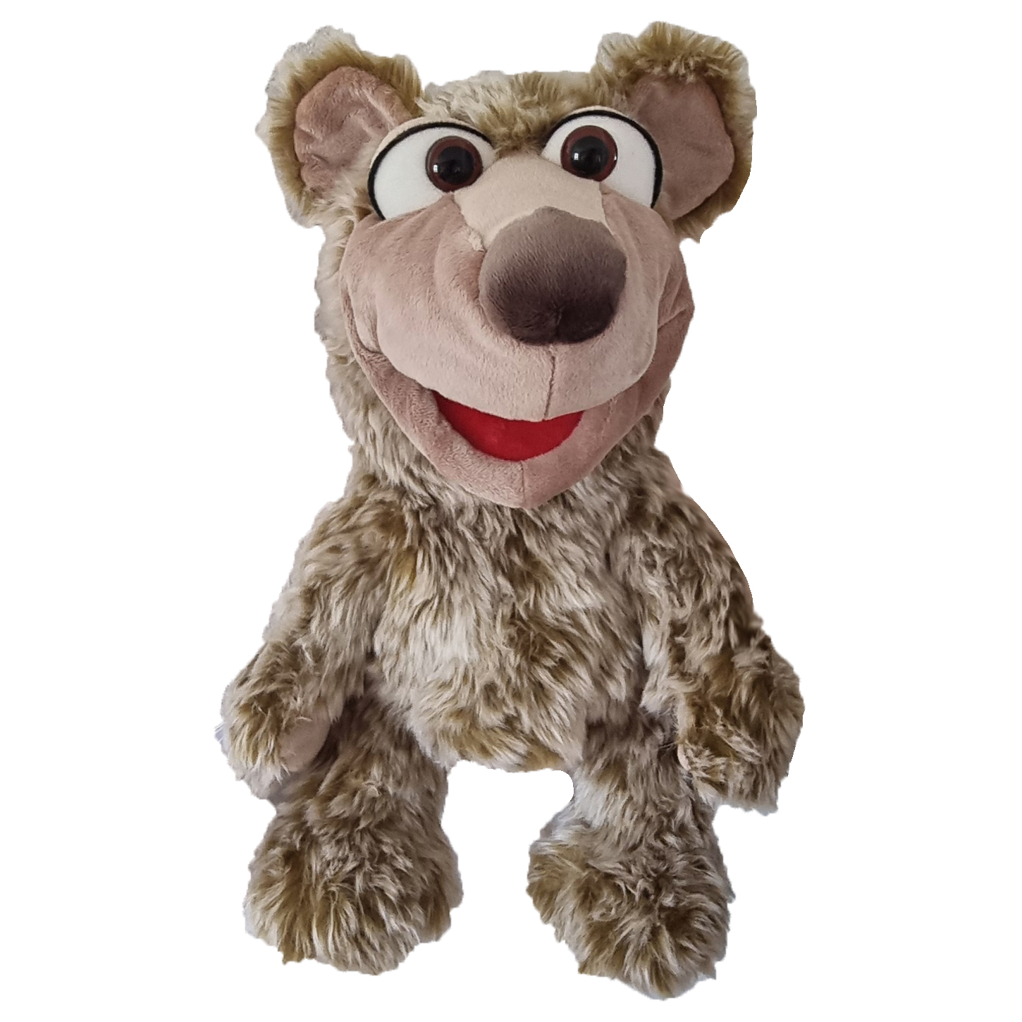 Living Puppets hand puppet Kito the bear with light brown mottled shaggy fur, big eyes and an open red mouth, sitting