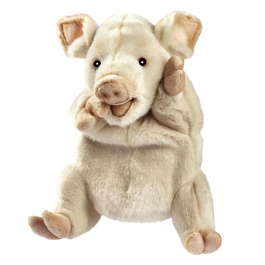 Schwein Handpuppe von Hansa Creation in Cremerosa mit rosa Ohren und Schnauze