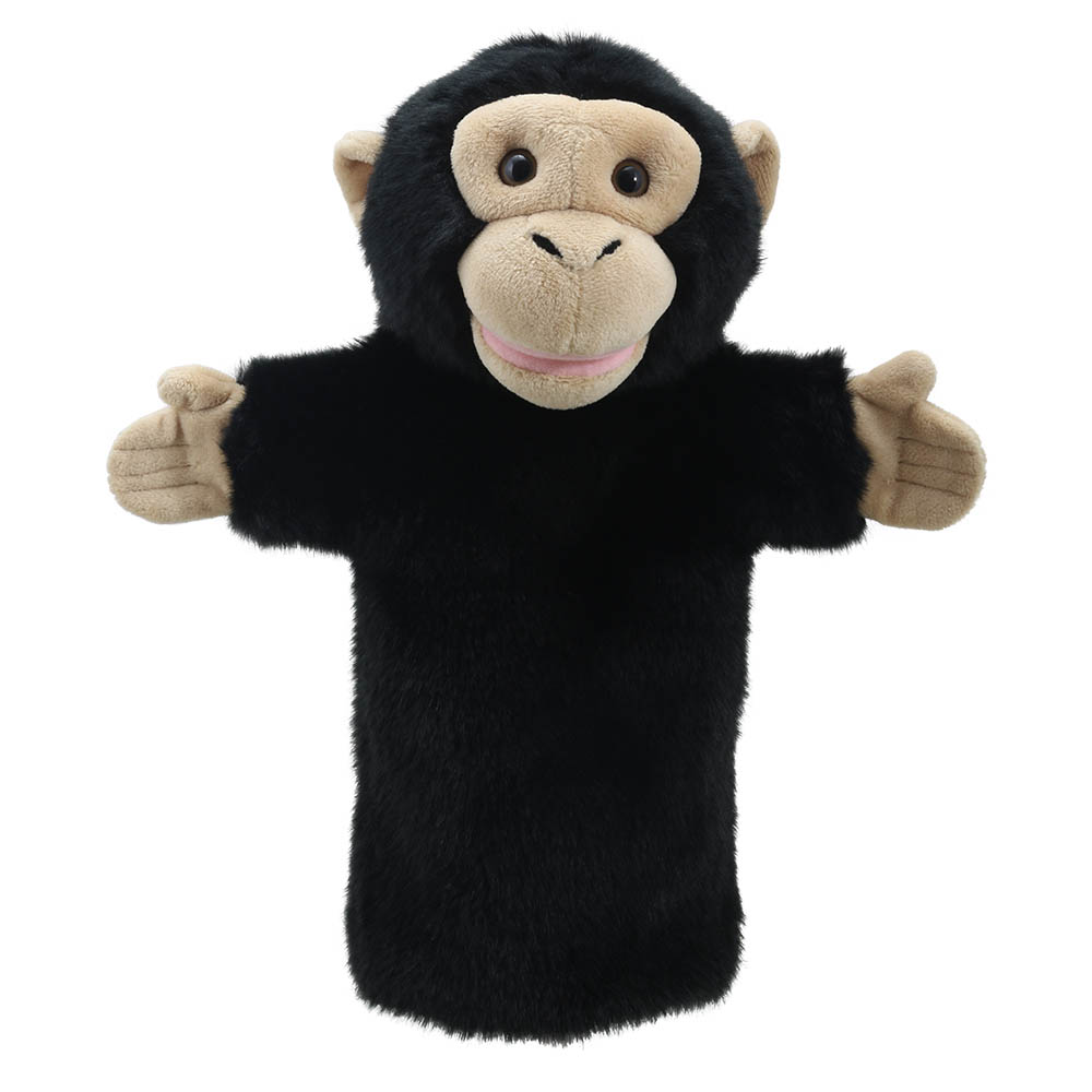 The Puppet Company baby hand puppet chimpanzee, black monkey puppet with a beige face, front view