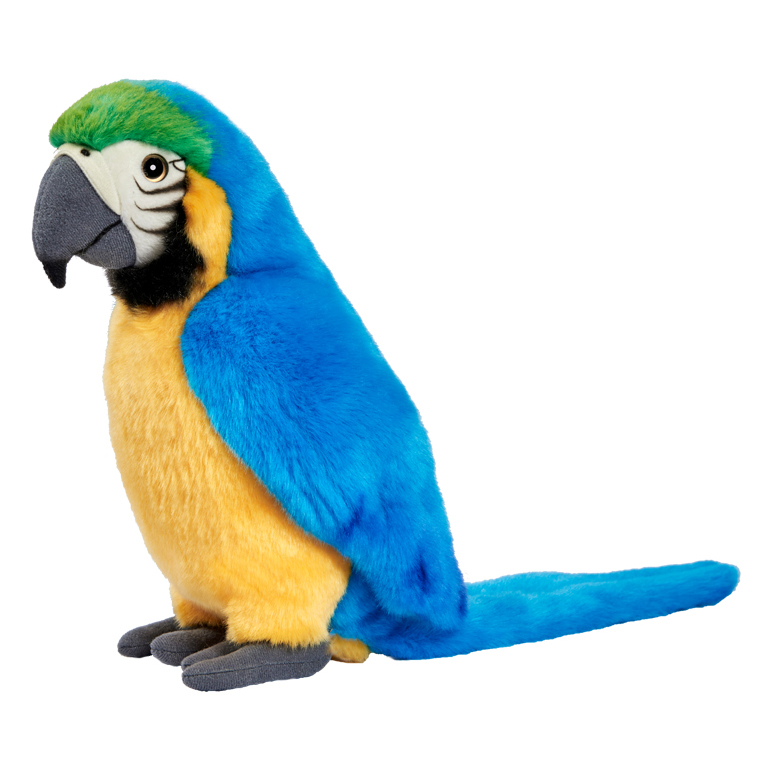 Blue macaw by Anima with yellow chest, green crown and a long blue tail, sitting plush figure