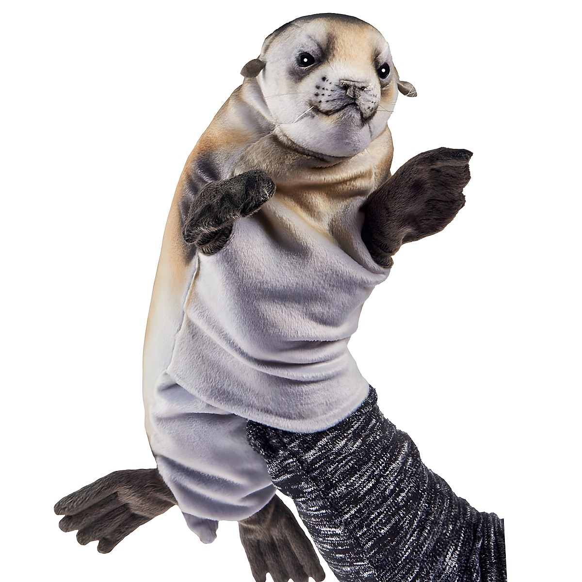 Mönchsrobbe Handpuppe von Hansa Creation mit silbergrauem Körper und dunklen Flossen