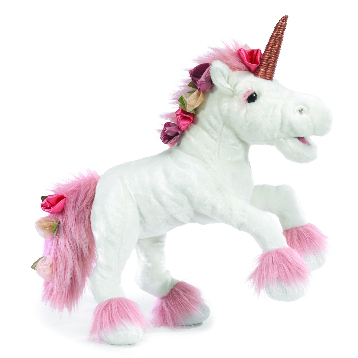Folkmanis Einhorn-Handpuppe in Weiß mit rosa Plüschmähne, Seidenblüten und bronzefarbenem Horn, Seitenansicht