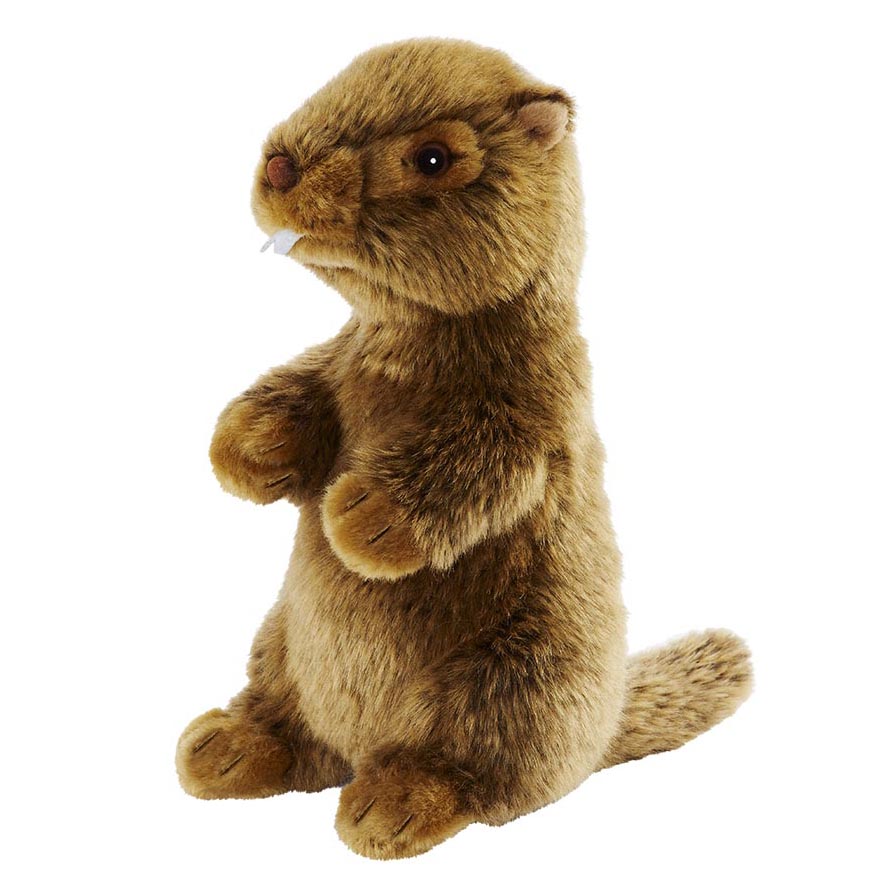 Marmot plush toy by Anima standing upright on its hind legs, with brown fur and visible incisors