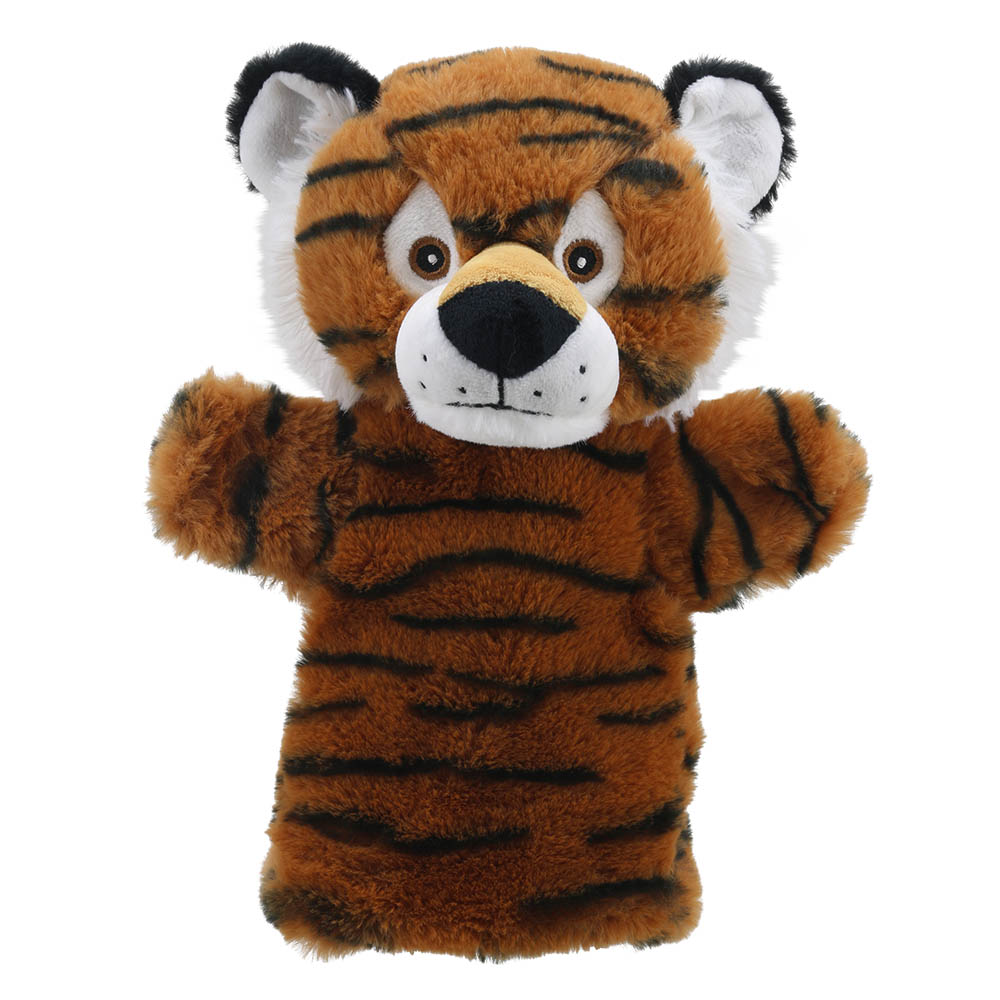 The Puppet Company baby hand puppet tiger, orange tiger with black stripes and a white chin