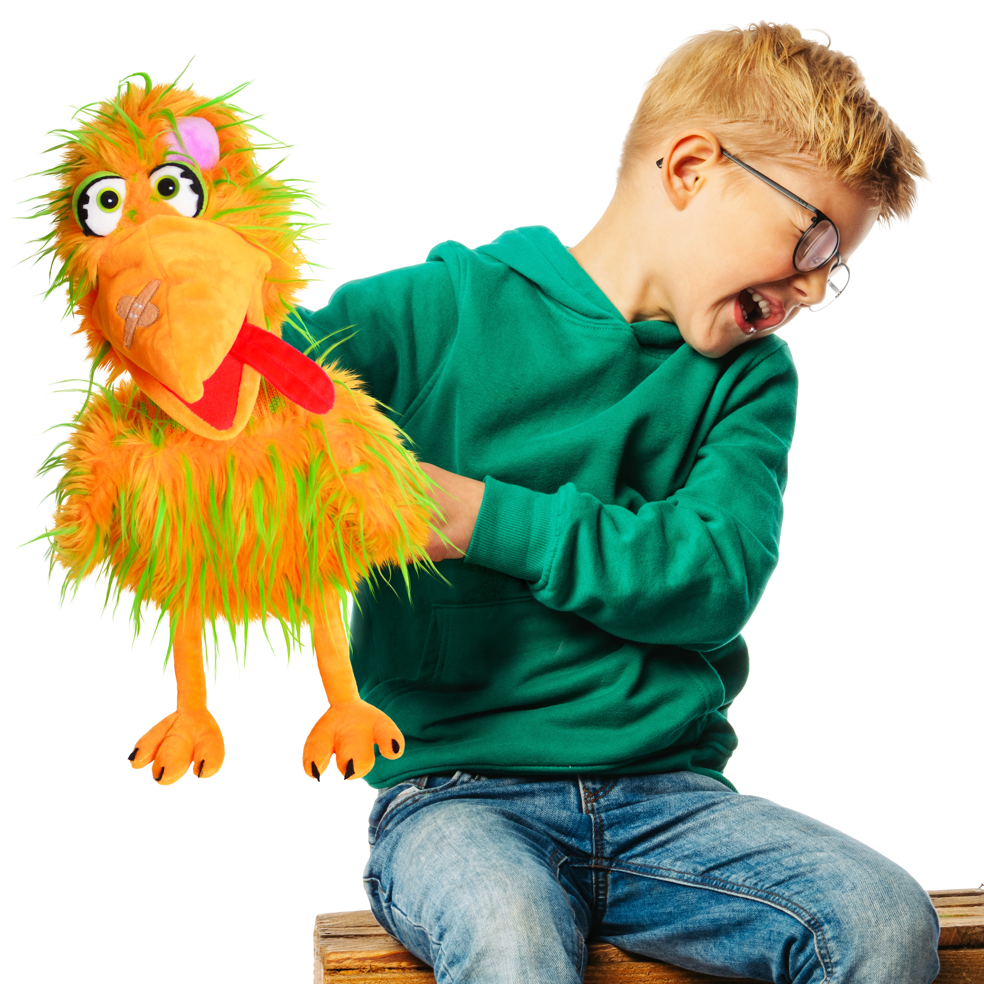 Child playing with the Living Puppets hand puppet Bernie Birdie on their arm