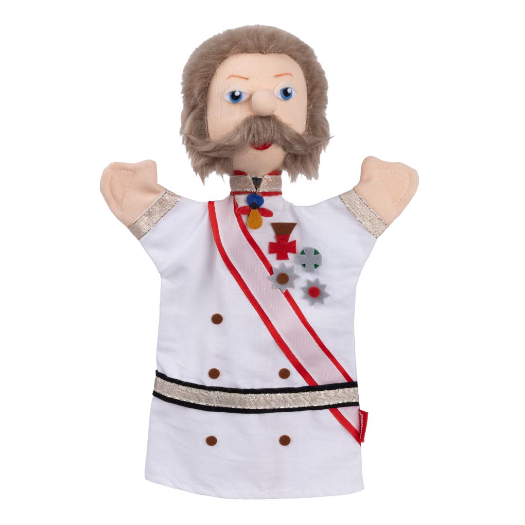 Kasperlepuppe Kaiser Franz Joseph von munabo in weißer Uniform mit Schärpe, Orden und grauem Backenbart