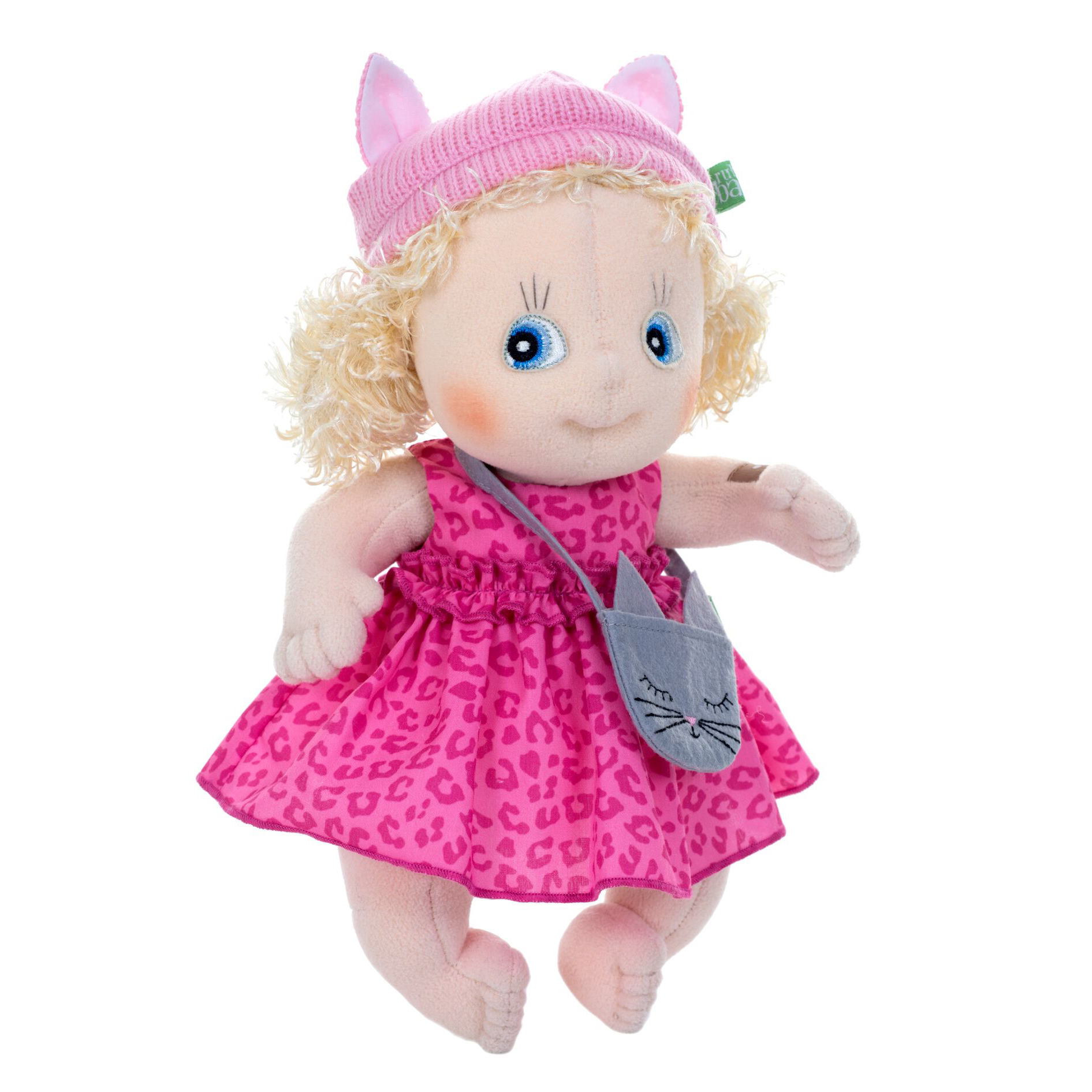Rubens Cutie Activity doll Emelie with cat-ear hat, pink dress and cat purse