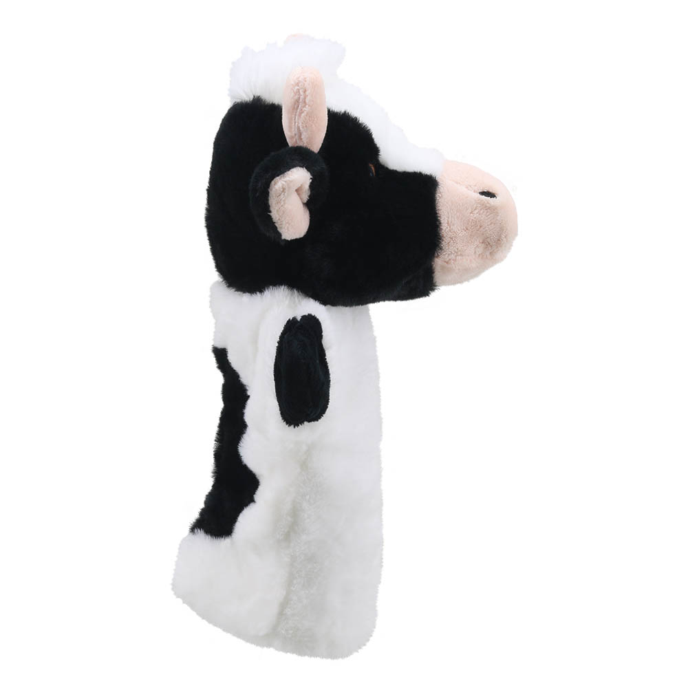 The Puppet Company Baby-Handpuppe Kuh, schwarz-weiße Kuh mit weißem Stirnschopf, Seitenansicht von rechts