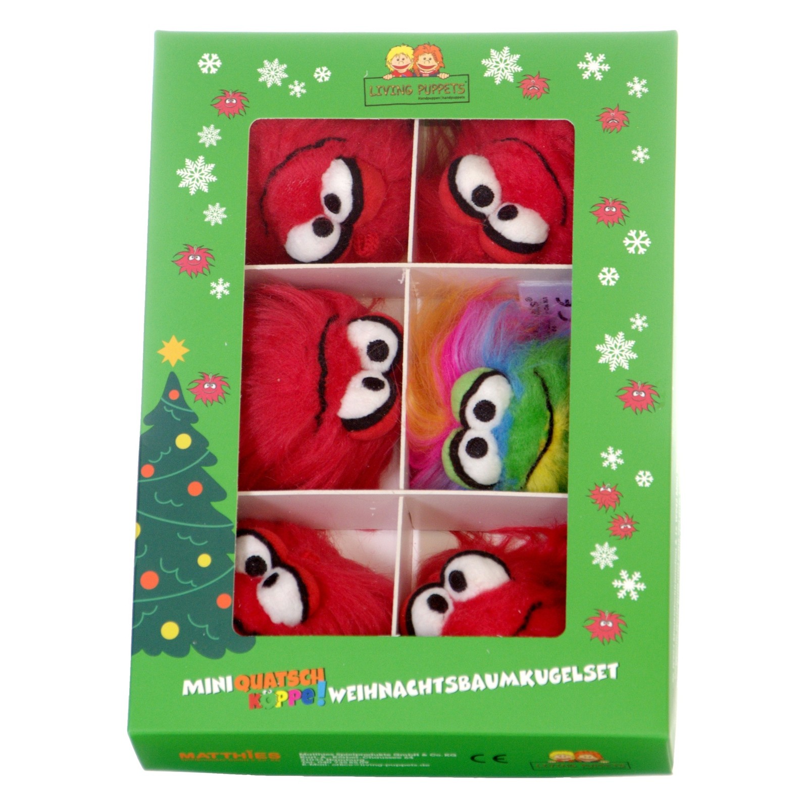 Living Puppets Mini Quatschköppe Weihnachtsbaumschmuck - grüne Schachtel mit Sichtfenster, darin fünf rote Quatschköppe und einer in Regenbogenfarben