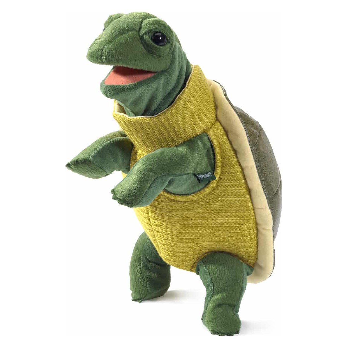 Folkmanis turtle hand puppet with yellow turtleneck, open mouth and green plush body, worn on a hand