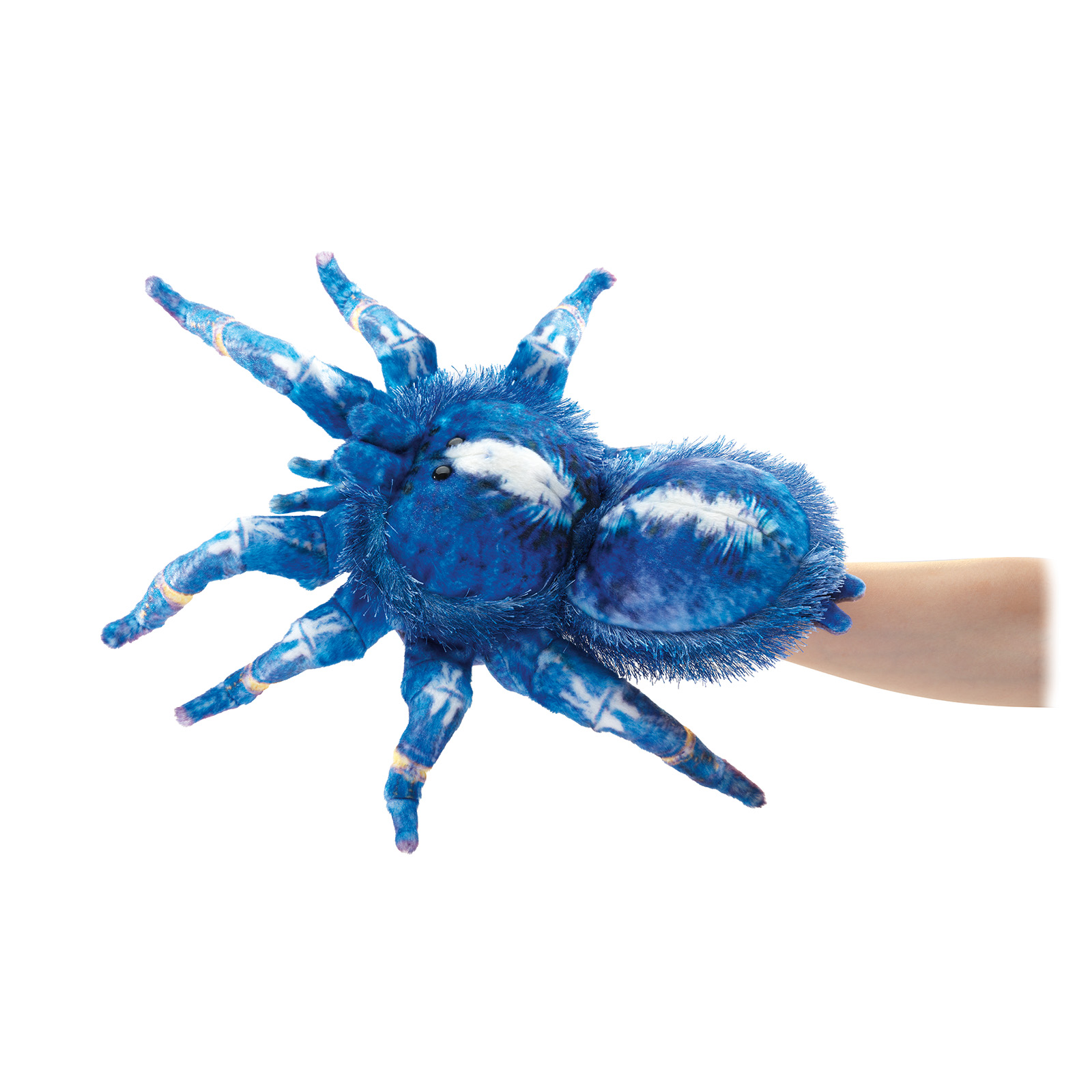 Folkmanis blue ornamental tarantula hand puppet worn on a hand, blue and white patterned plush with spread legs, top view