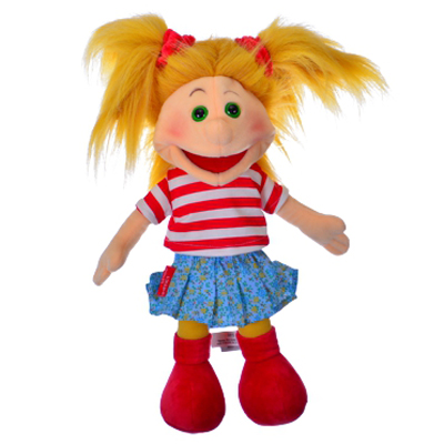 Living Puppets Mini-Handpuppe Gisell mit blonden Zöpfen, Ringelshirt und Blümchenrock