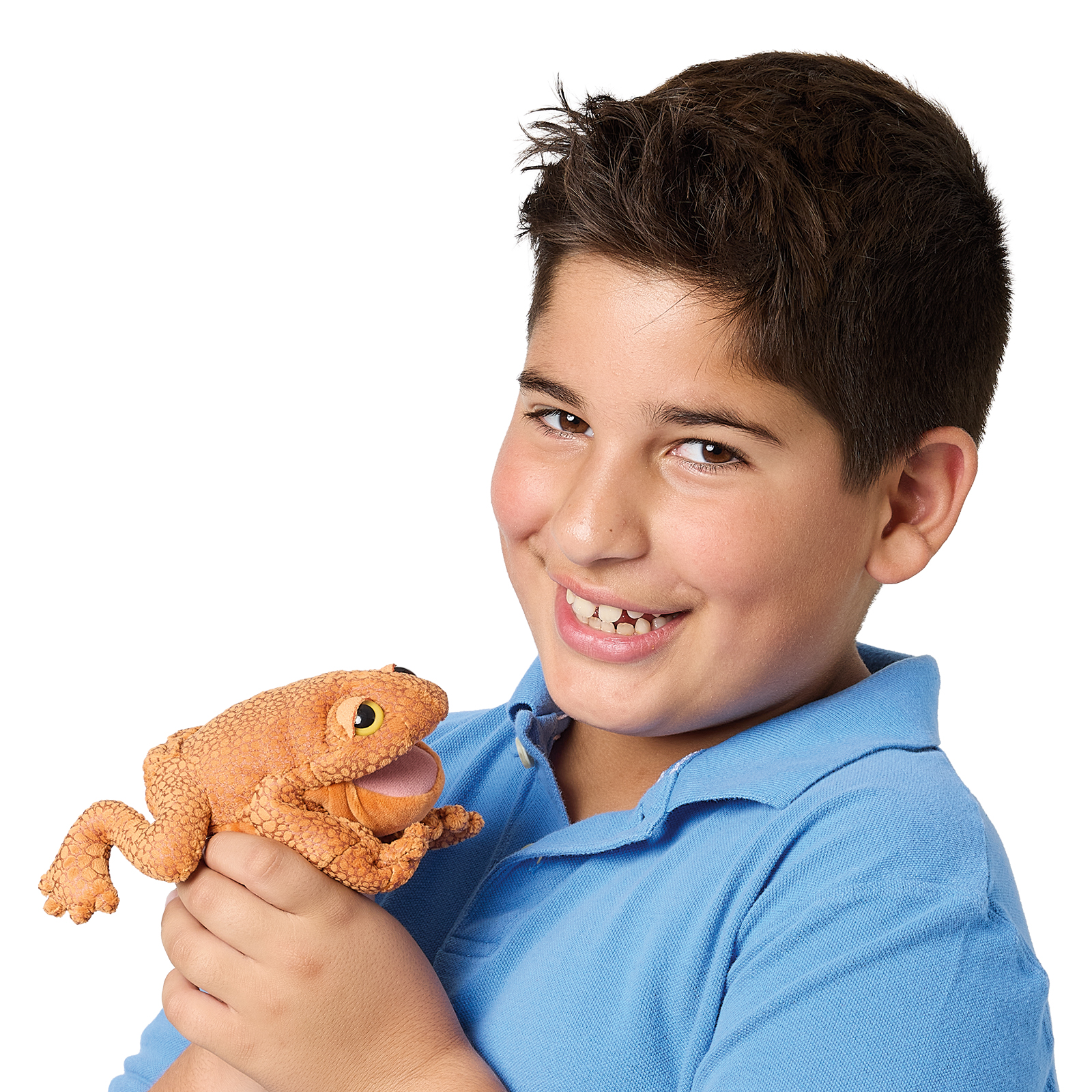 Junge hält eine orangebraune Folkmanis Fingerpuppe mini Kröte mit strukturierter Haut und geöffnetem Maul in den Händen.