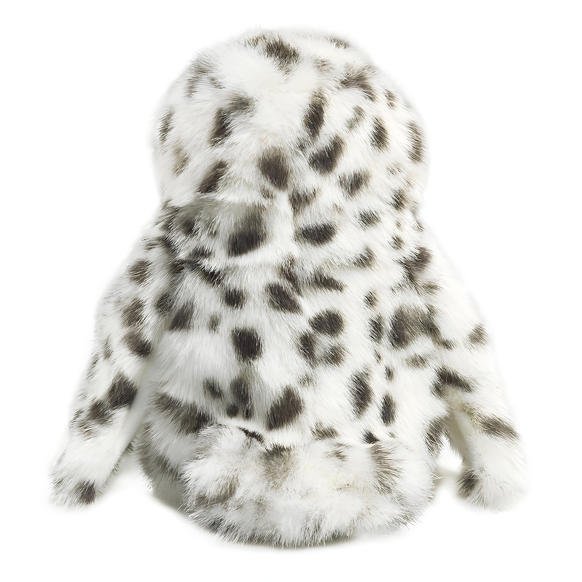 Folkmanis Handpuppe kleine Schneeeule von hinten, weißes Plüschgefieder mit grau-braunen Flecken, sitzende Pose