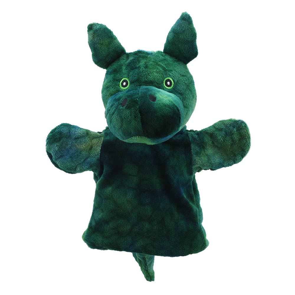 The Puppet Company baby hand puppet green dragon, dark green dragon with pointed ears and yellow eyes