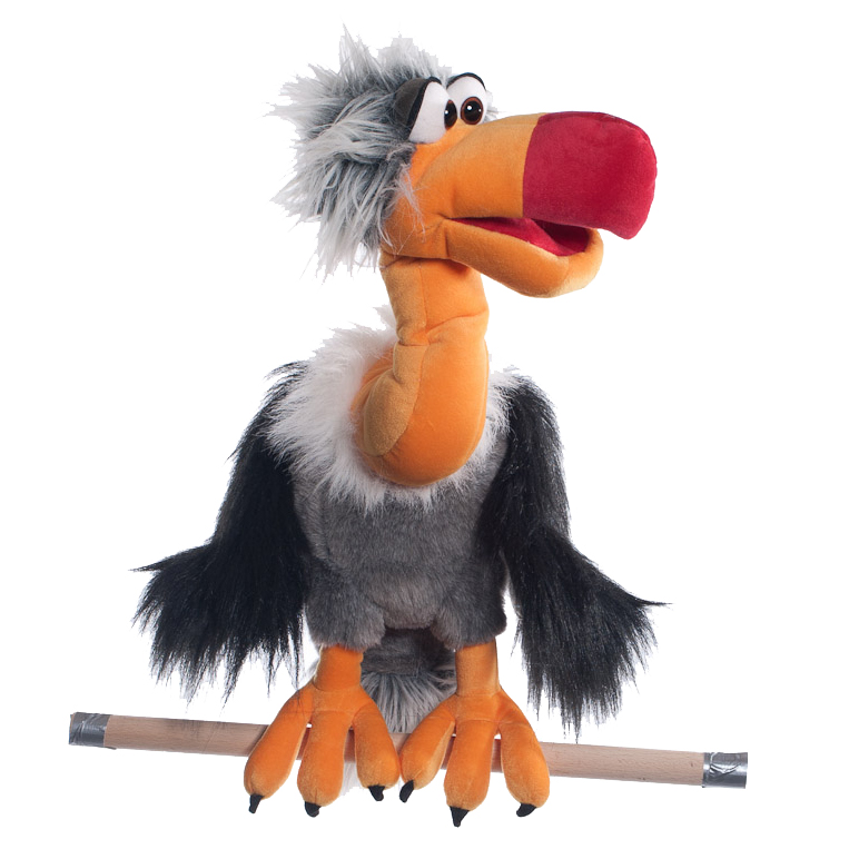 Living Puppets hand puppet Django the vulture with grey feather collar and big red beak on a perch