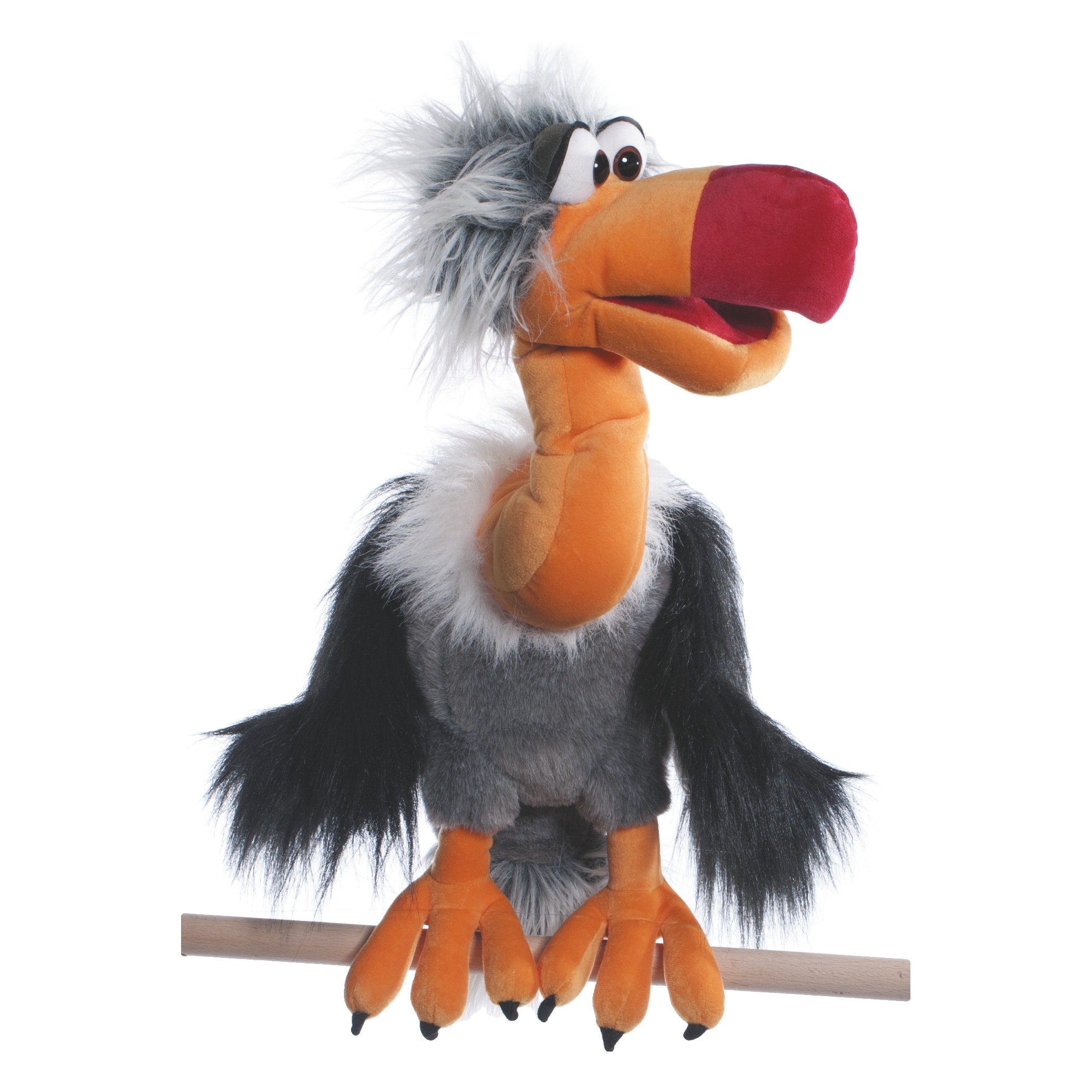 Living Puppets Handpuppe Geier Django mit grauem Federkragen und großem rotem Schnabel auf einer Sitzstange
