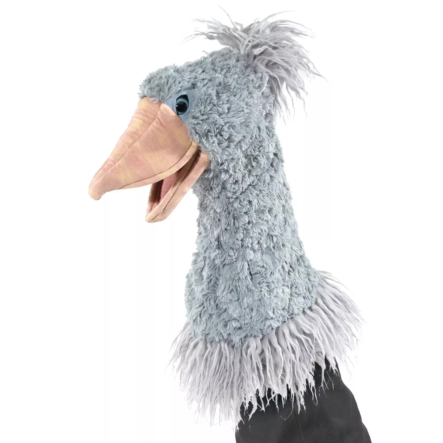 Folkmanis shoebill hand puppet in side view, grey-blue plush, movable pink bill and shaggy feather crest