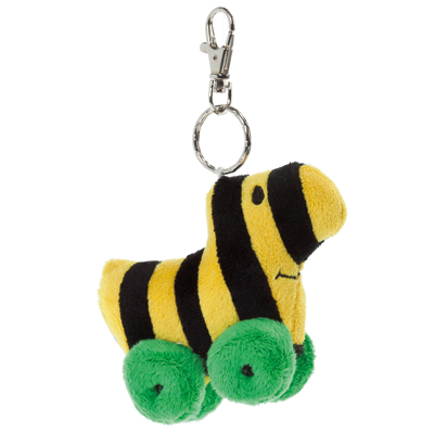 Heunec keyring Tigerente, small yellow and black striped plush character with green feet and carabiner clip