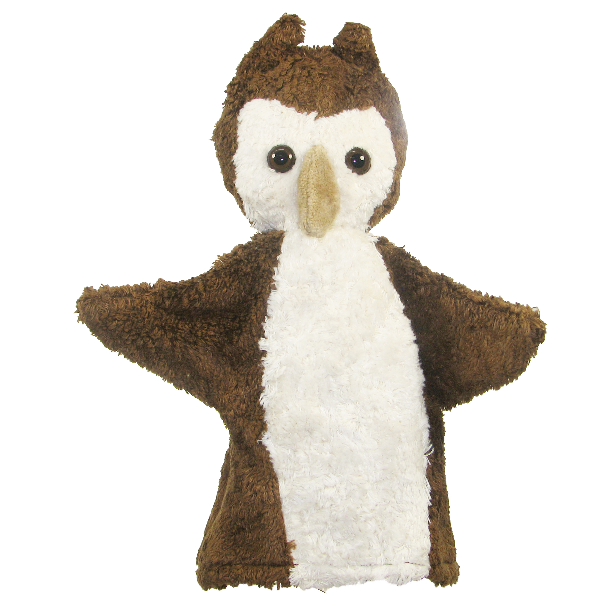 Kallisto hand puppet owl brown, front view with spread wings and a white belly