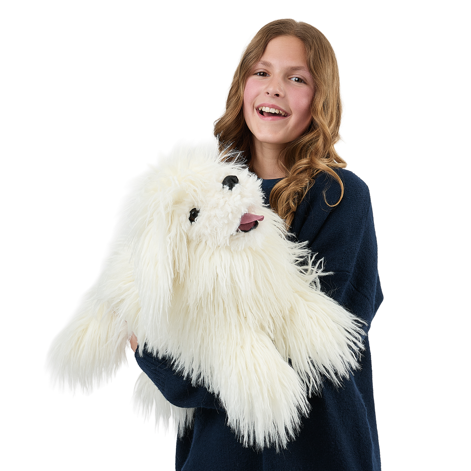 Folkmanis Komondor hand puppet on a girl's arm, its mouth open and the head raised slightly.