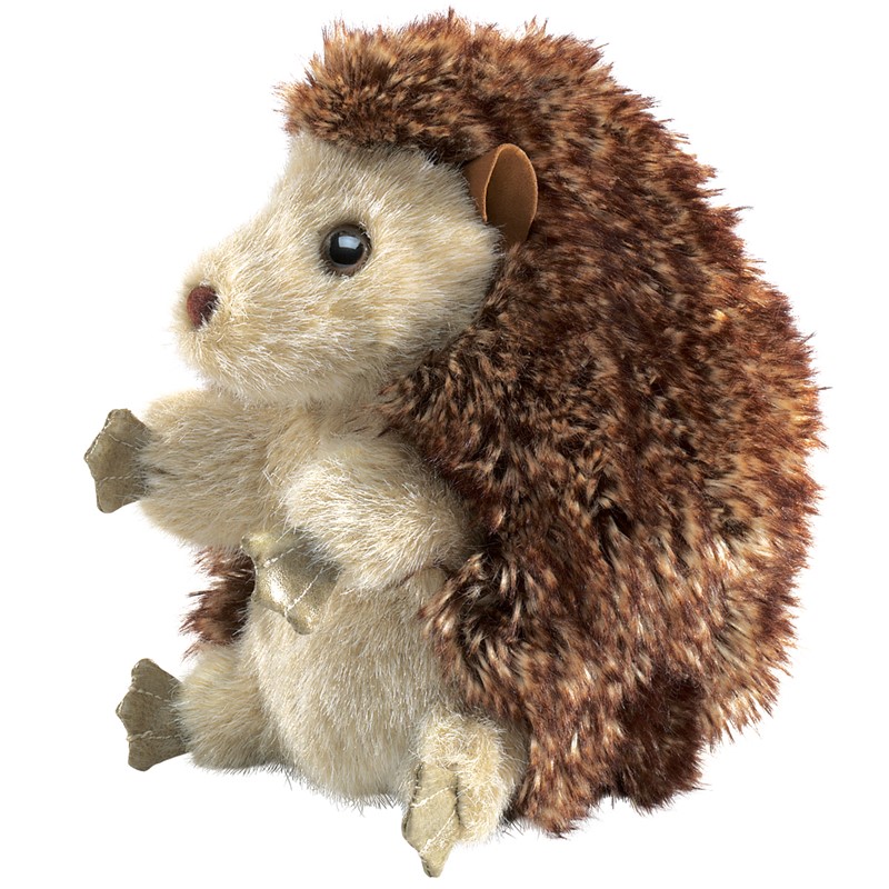 Folkmanis hand puppet hedgehog with a brown-mottled spiny back and cream-coloured belly, seated at an angle