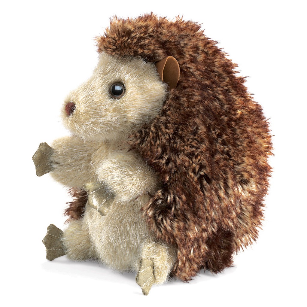 Folkmanis hand puppet hedgehog with a brown-mottled spiny back and cream-coloured belly, seated at an angle