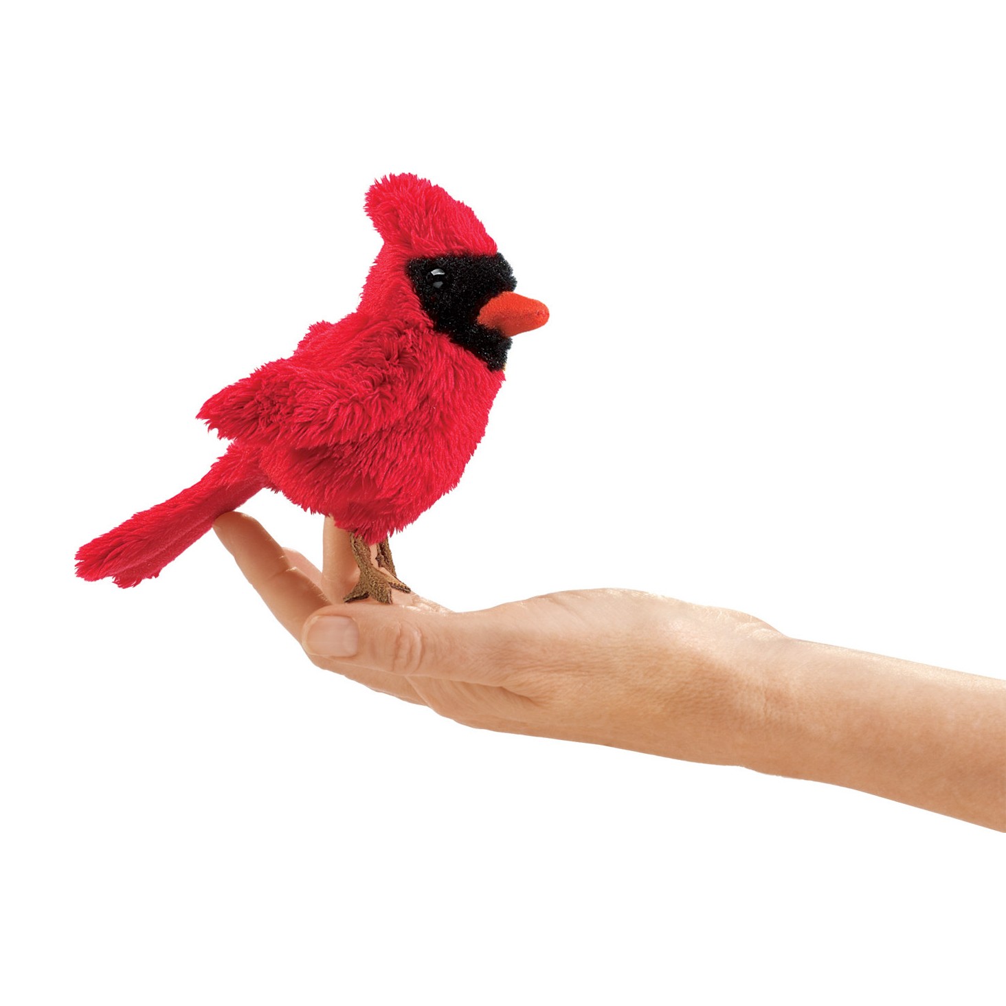 Folkmanis Fingerpuppe mini Kardinalvogel in leuchtendem Rot mit schwarzer Gesichtsmaske, sitzt auf einem Finger