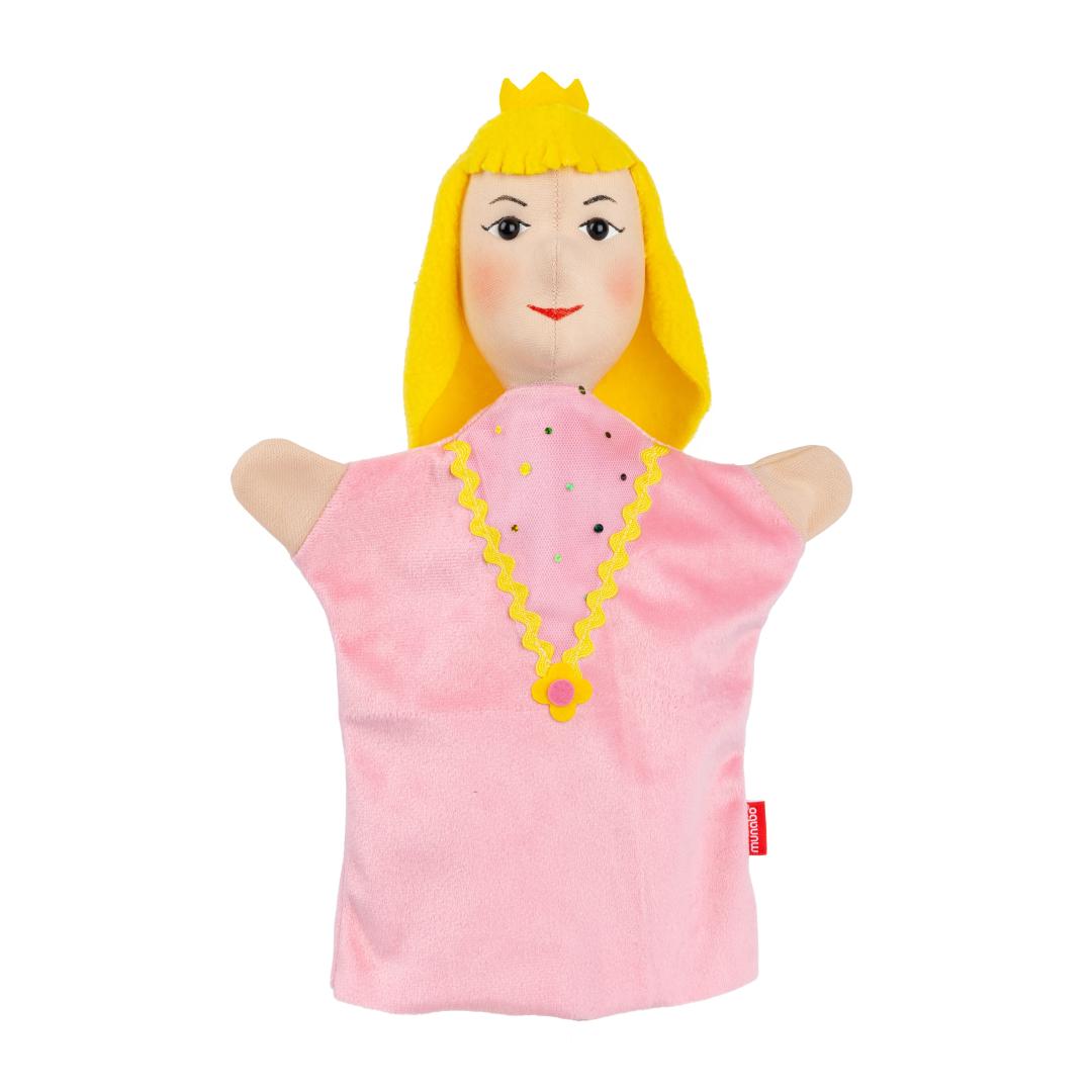 Kasperlepuppe Prinzessin von munabo, Vorderansicht: rosa Kleid mit gelbem Zickzackband und goldenem Anhänger.