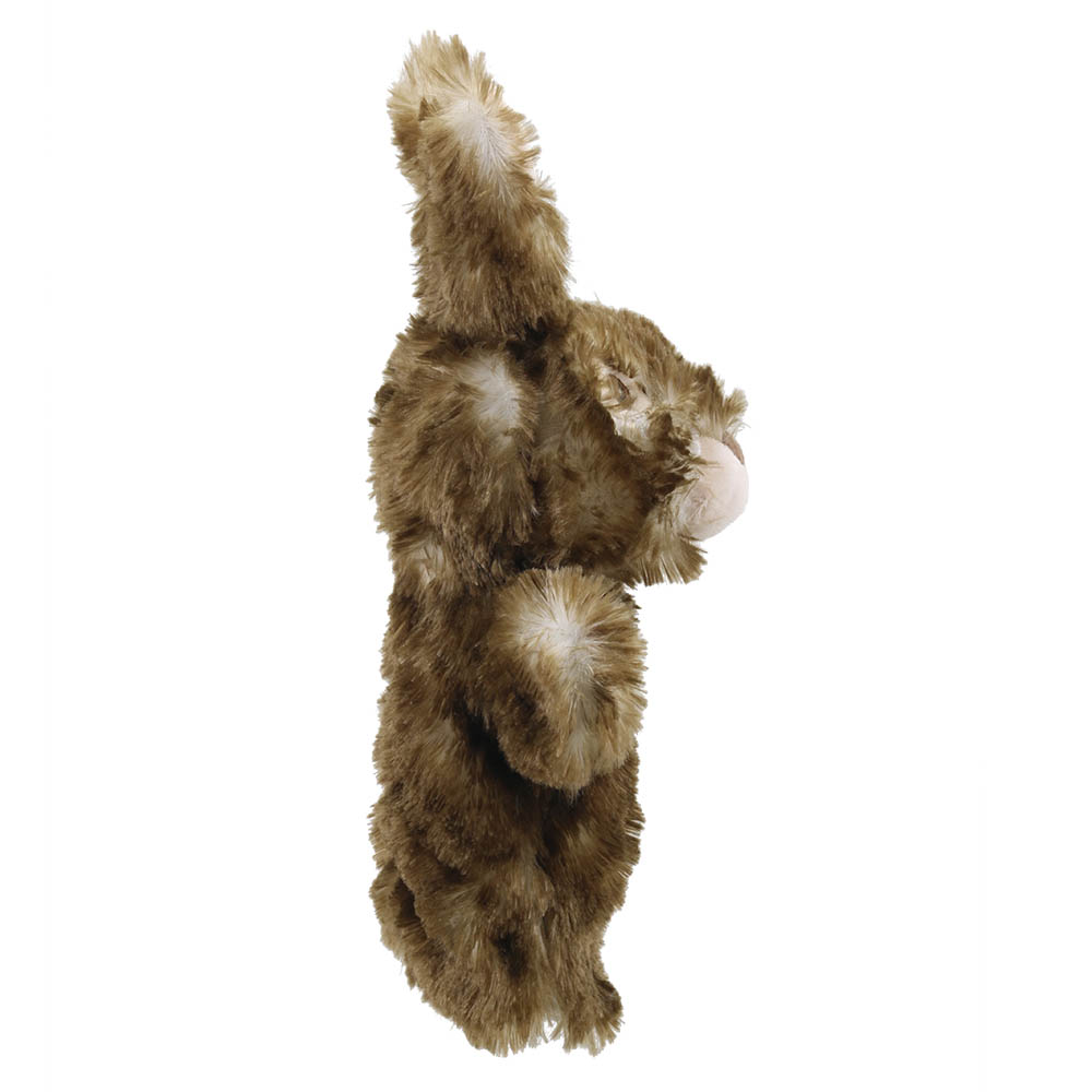 The Puppet Company baby hand puppet wild rabbit, brown mottled rabbit with a raised paw, side view