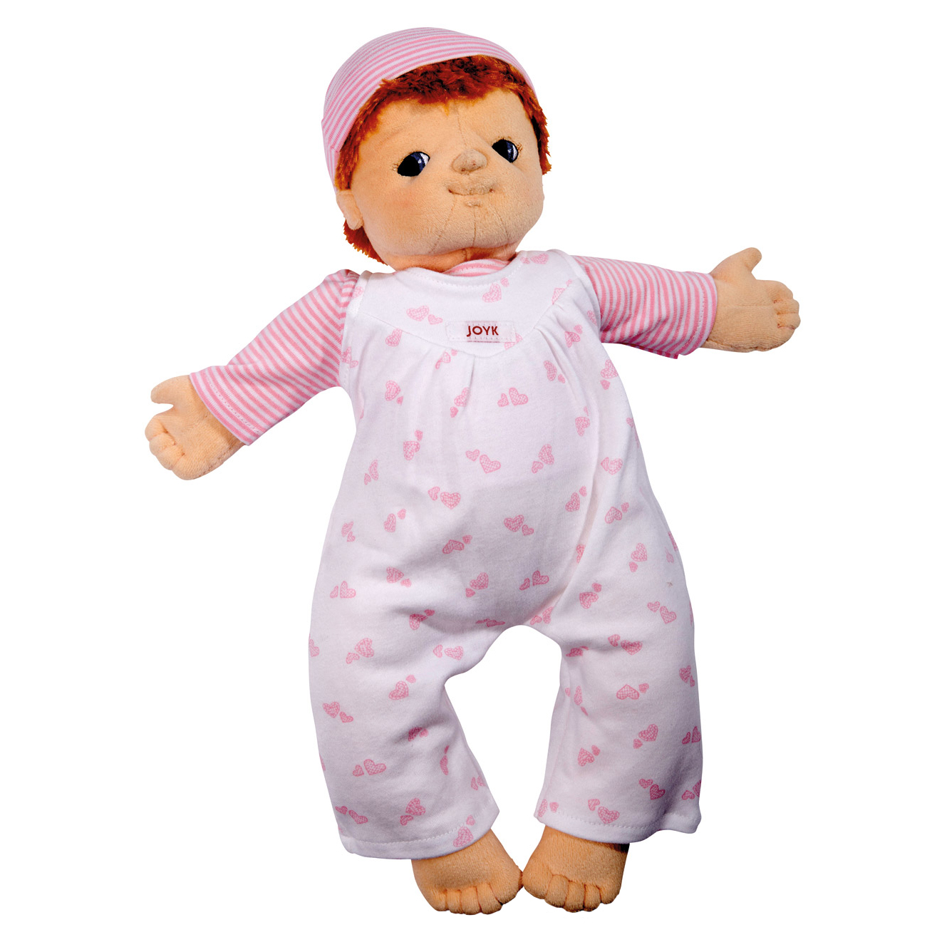 Joyk empathy doll Baby Emma with red hair, pink cap and pink patterned romper