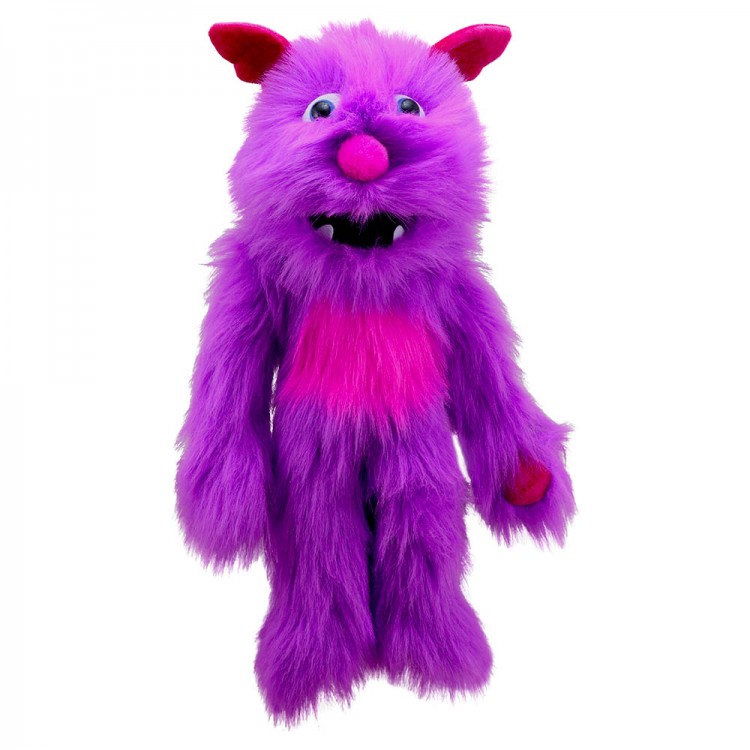 The Puppet Company monster hand puppet purple, purple shaggy monster with a pink belly patch and pointed teeth