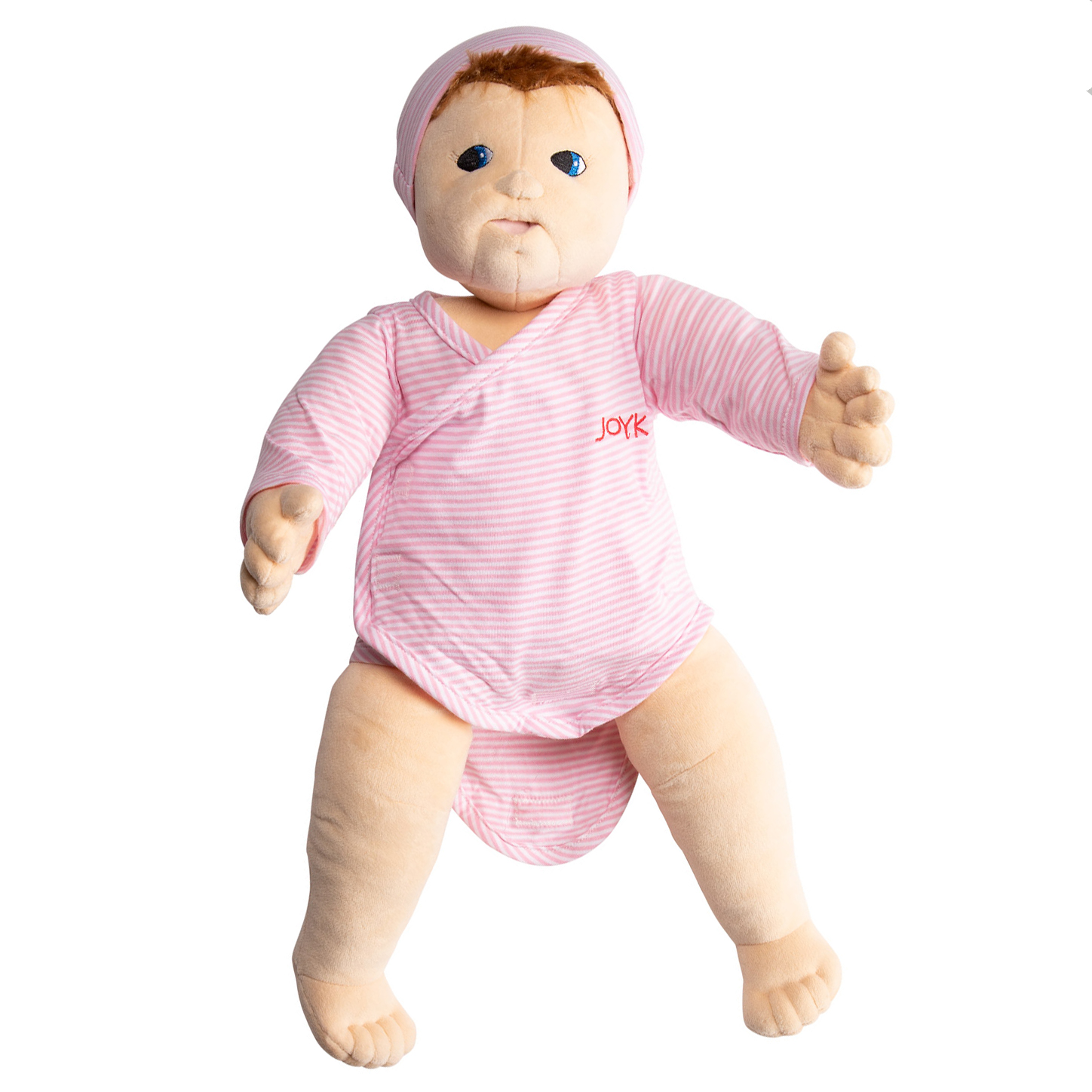 Joyk empathy doll Baby Lilly with a pink striped wrap bodysuit and little cap